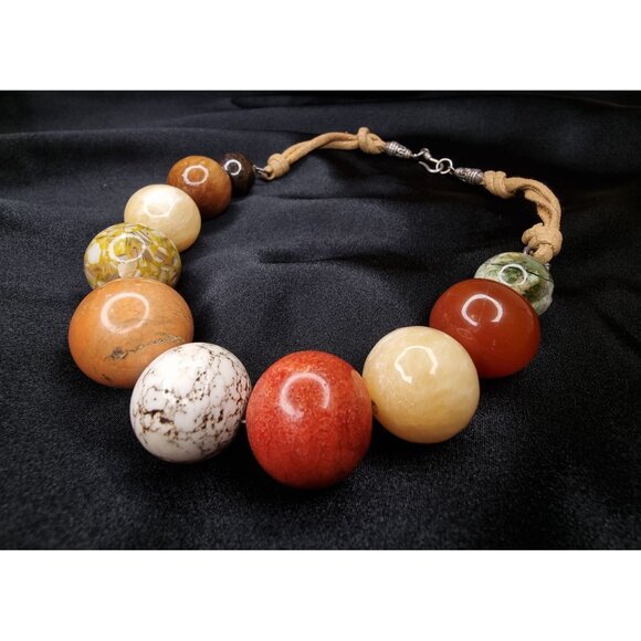 Vintage Large Stone Beaded Necklace With Sterling Silver Clasp & Tan Cord - Picture 2 of 5